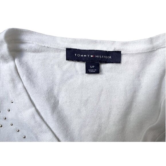 Tommy Hilfiger Gold Studded Argyle White Sweater Logo V-neck Women’s S ACADEMIA - Picture 10 of 12